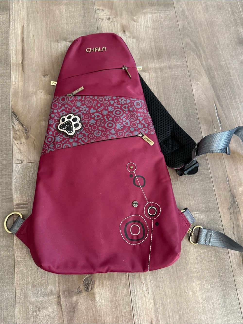 Chala Sling Bag Dog Red Burgundy Zipper Pockets Stitched Adjustable Crossbody